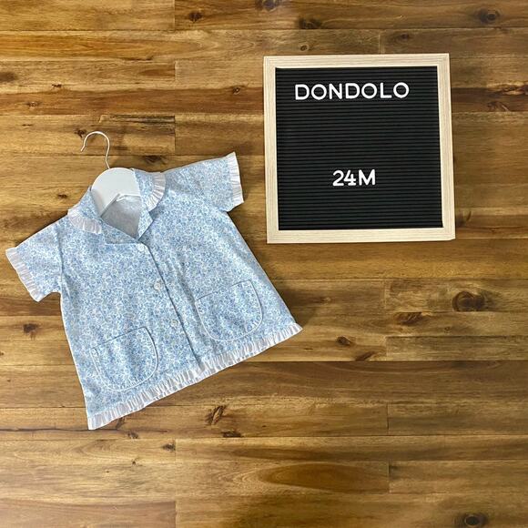 Dondolo Blue White Floral Short Sleeve Cotton Button Down Top Girls Baby 24M - Picture 1 of 9